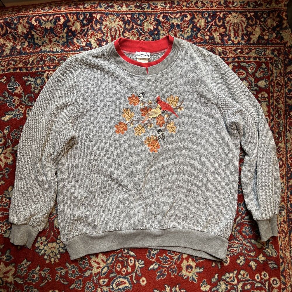 VTG Bonworth Birds Leaved Fall Med P Crewneck Sweatshirt Embroidered Sweater 90s
